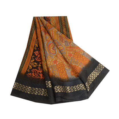 Sanskriti Vintage Saree Orange 100% Pure Silk Sarees: Printed Floral Fabric, 5 Yards Floral Design- Dresses, Kaftans, Skirts, Tops,