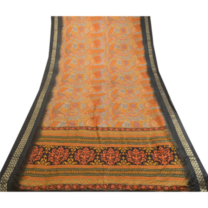 Sanskriti Vintage Saree Orange 100% Pure Silk Sarees: Printed Floral Fabric, 5 Yards Floral Design- Dresses, Kaftans, Skirts, Tops,