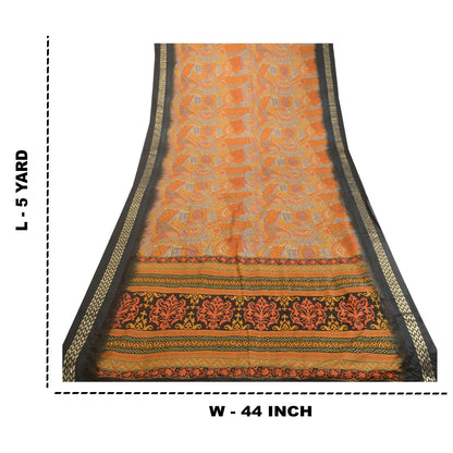 Sanskriti Vintage Saree Orange 100% Pure Silk Sarees: Printed Floral Fabric, 5 Yards Floral Design- Dresses, Kaftans, Skirts, Tops,