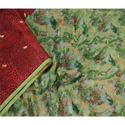 Sanskriti Vintage Sarees Red Pure Chinon Silk Printed Woven Sari Craft Sustainable Fabric