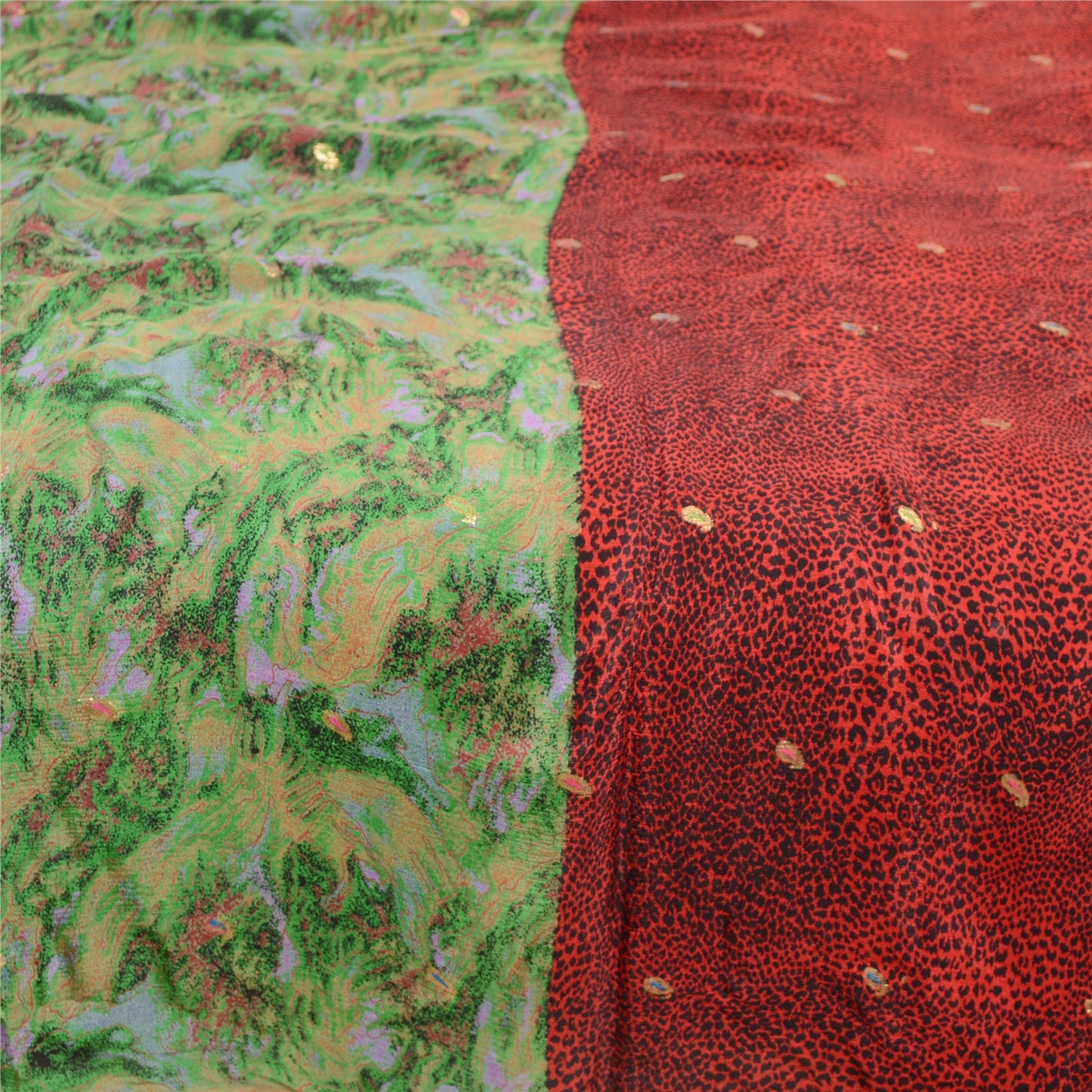 Sanskriti Vintage Sarees Red Pure Chinon Silk Printed Woven Sari Craft Sustainable Fabric