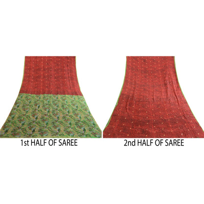 Sanskriti Vintage Sarees Red Pure Chinon Silk Printed Woven Sari Craft Sustainable Fabric