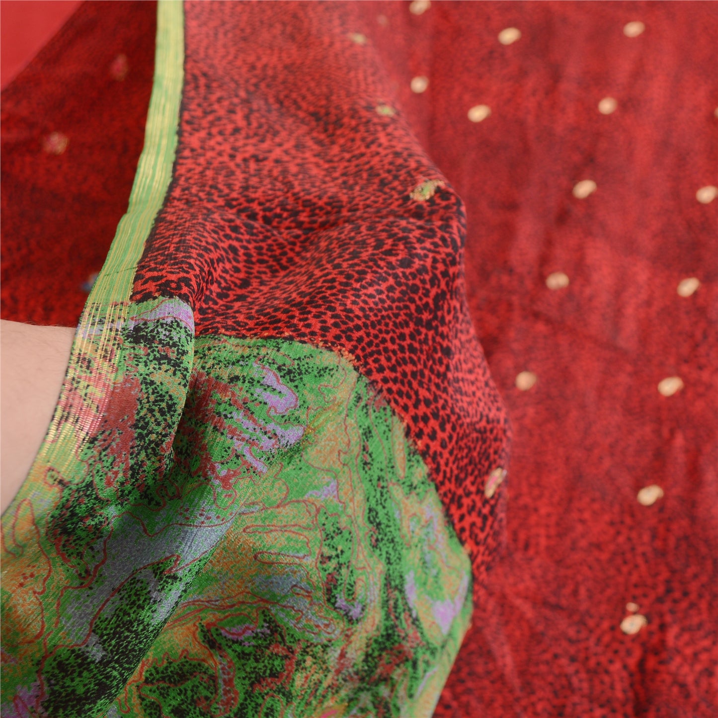 Sanskriti Vintage Sarees Red Pure Chinon Silk Printed Woven Sari Craft Sustainable Fabric