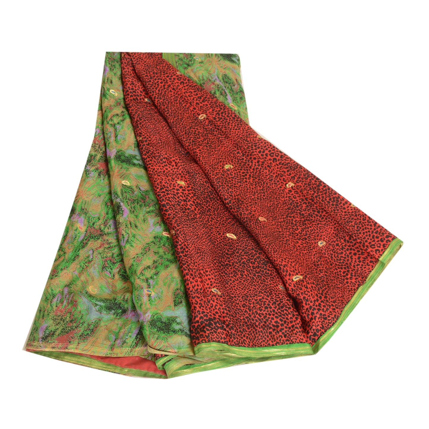 Sanskriti Vintage Sarees Red Pure Chinon Silk Printed Woven Sari Craft Sustainable Fabric
