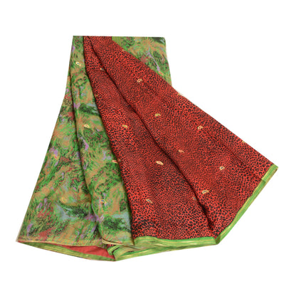 Sanskriti Vintage Sarees Red Pure Chinon Silk Printed Woven Sari Craft Sustainable Fabric