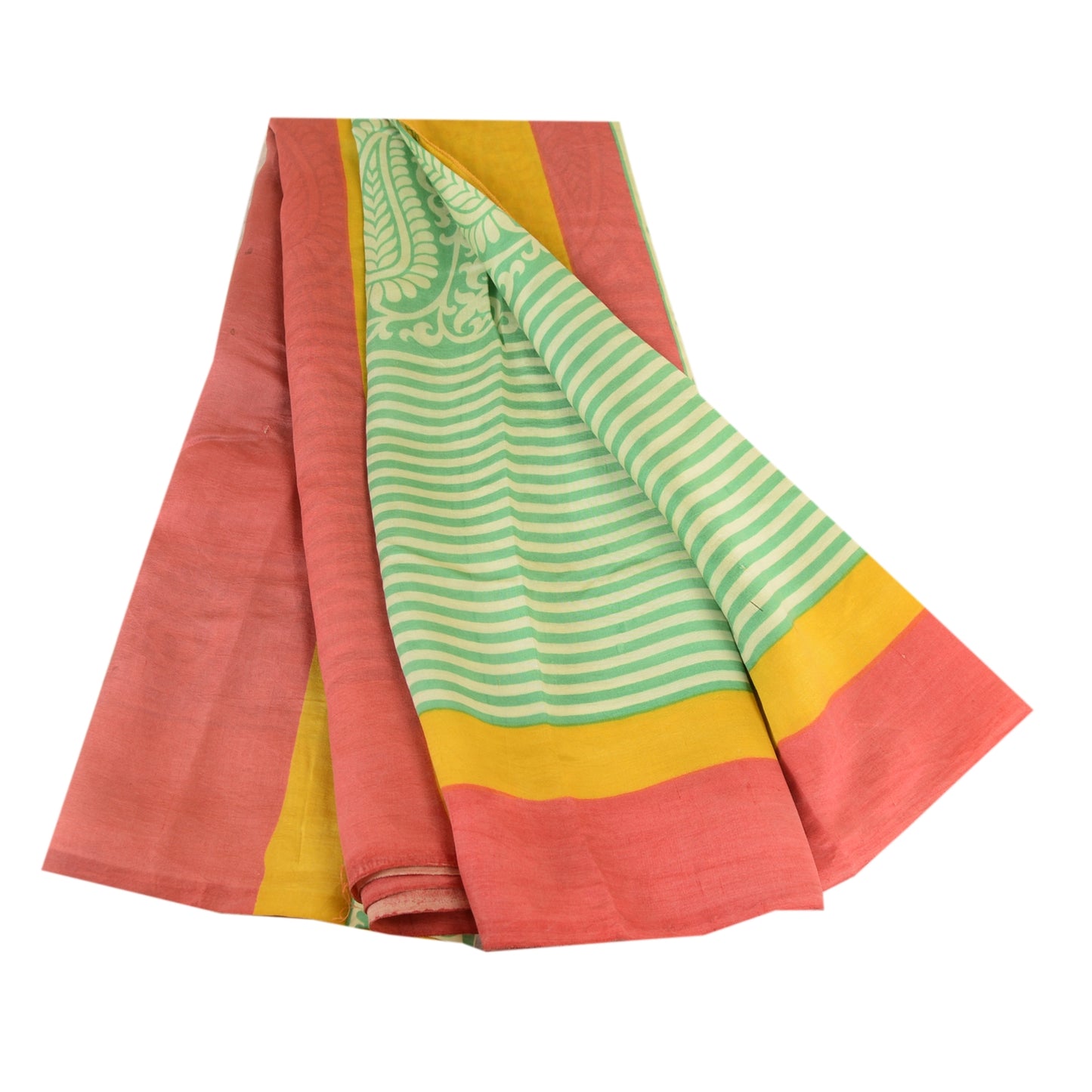 Sanskriti Vintage Green Sarees 100% Pure Silk Printed Sari Craft 5 Yard Sustainable Fabric