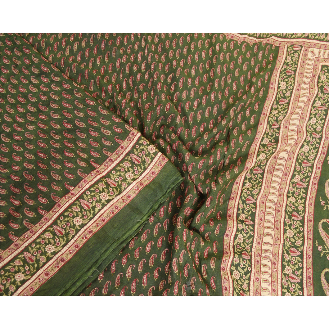 Sanskriti Vintage Sarees Green Indian 100% Pure Silk Printed Sari Craft Fabric