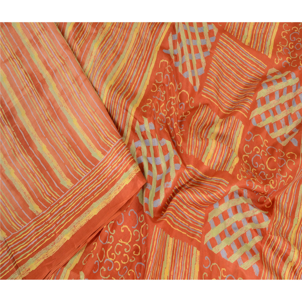 Sanskriti Vintage Rusty Orange Sarees Pure Silk Printed Sari Craft 5 Yard Sustainable Fabric