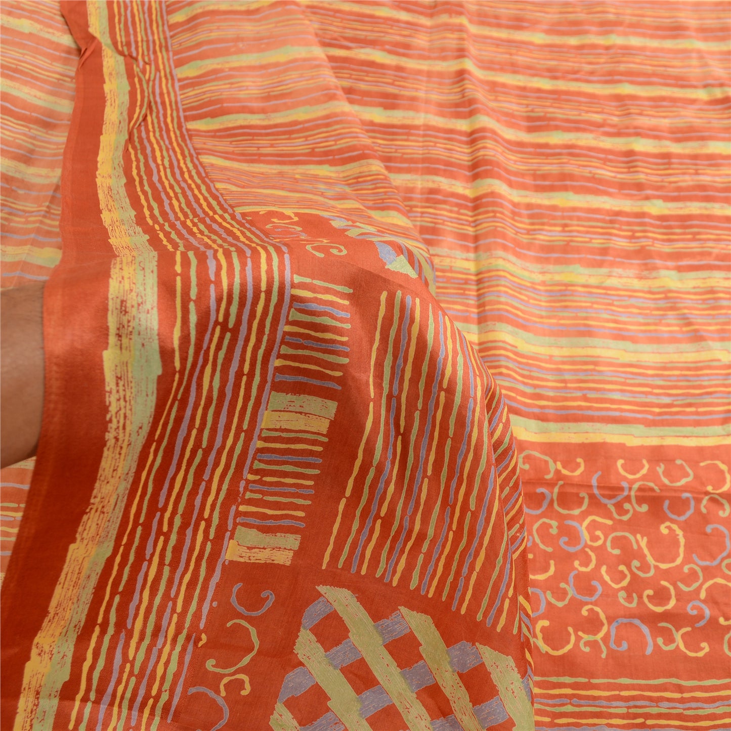 Sanskriti Vintage Rusty Orange Sarees Pure Silk Printed Sari Craft 5 Yard Sustainable Fabric