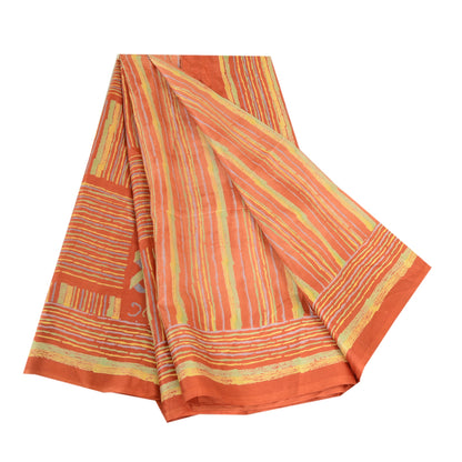 Sanskriti Vintage Rusty Orange Sarees Pure Silk Printed Sari Craft 5 Yard Sustainable Fabric