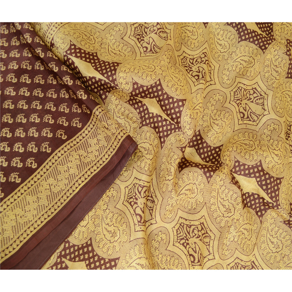 Sanskriti Vintage Sarees Indian Coffee-Brown Pure Silk Printed Sari Craft Sustainable Fabric