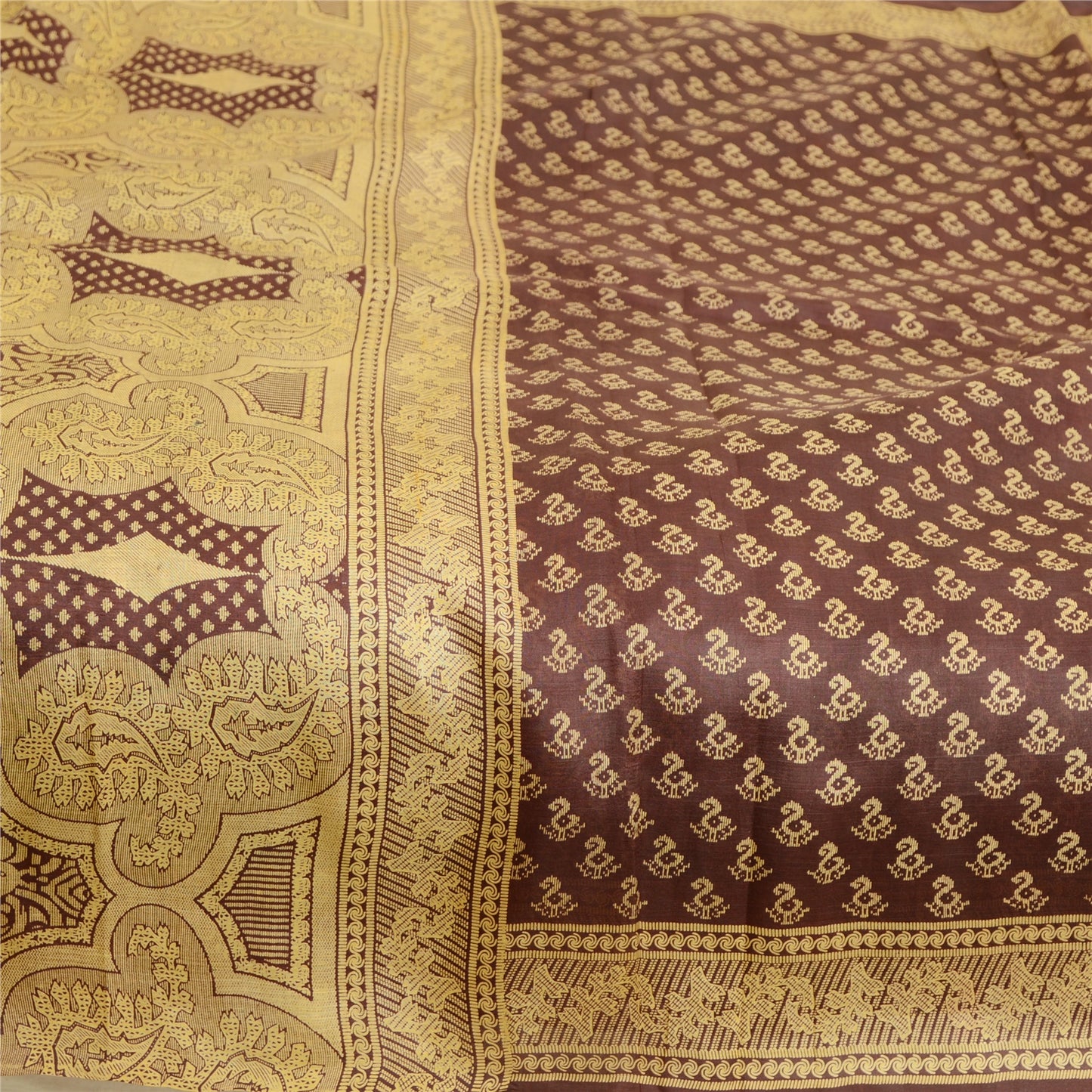 Sanskriti Vintage Sarees Indian Coffee-Brown Pure Silk Printed Sari Craft Sustainable Fabric