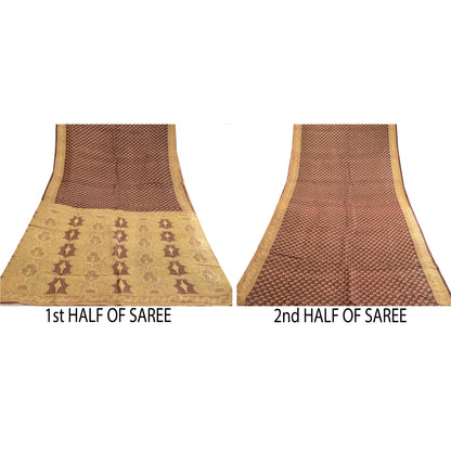 Sanskriti Vintage Sarees Indian Coffee-Brown Pure Silk Printed Sari Craft Sustainable Fabric
