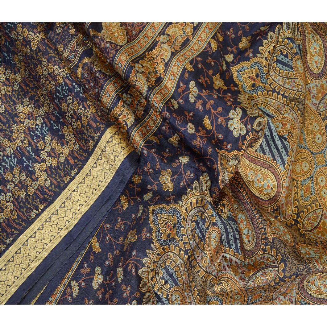 Sanskriti Vintage Sarees From India Blue Pure Silk Printed Sari 5yd Craft Fabric