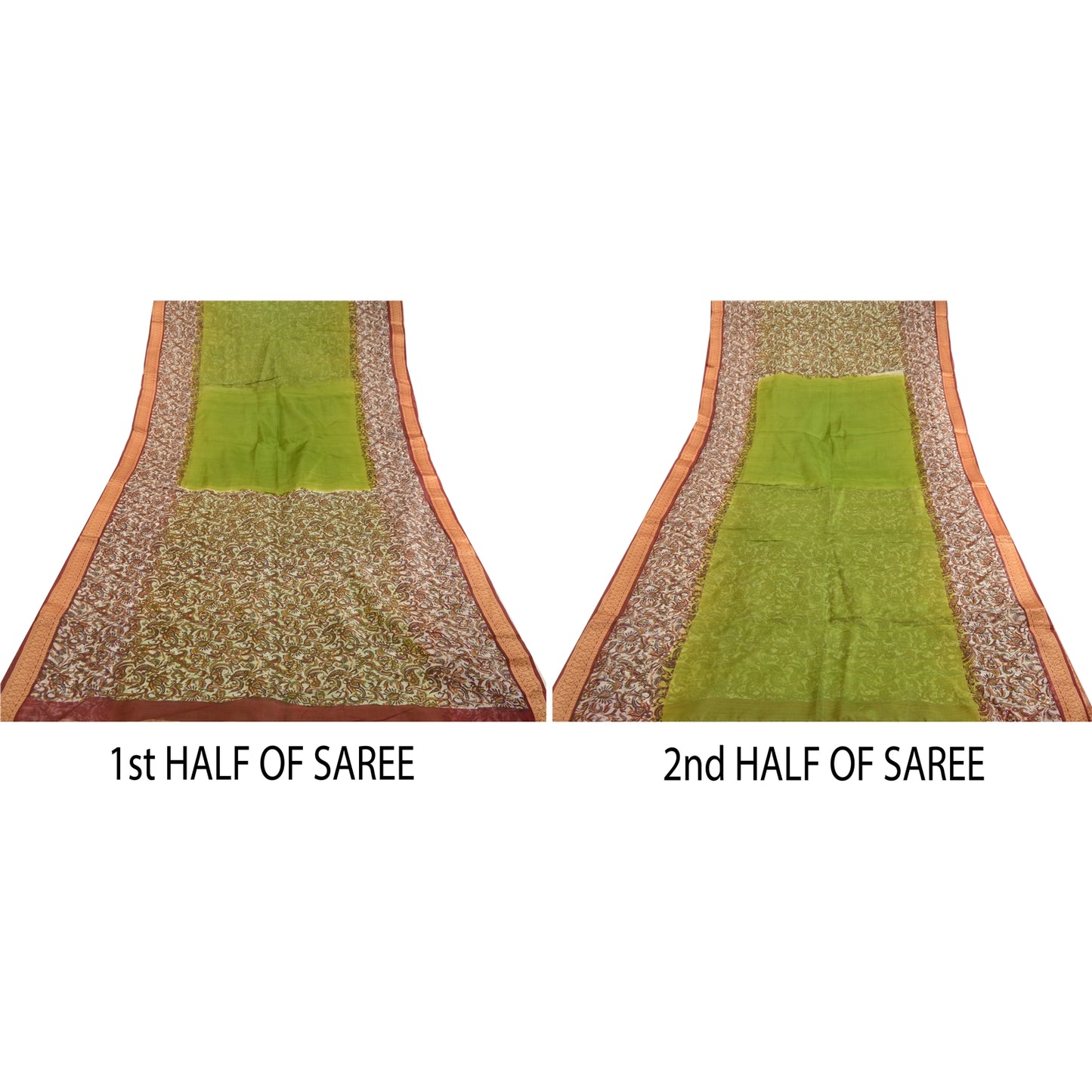 Sanskriti Vintage Sarees From India Green Printed Pure Silk Sari Craft Sustainable Fabric