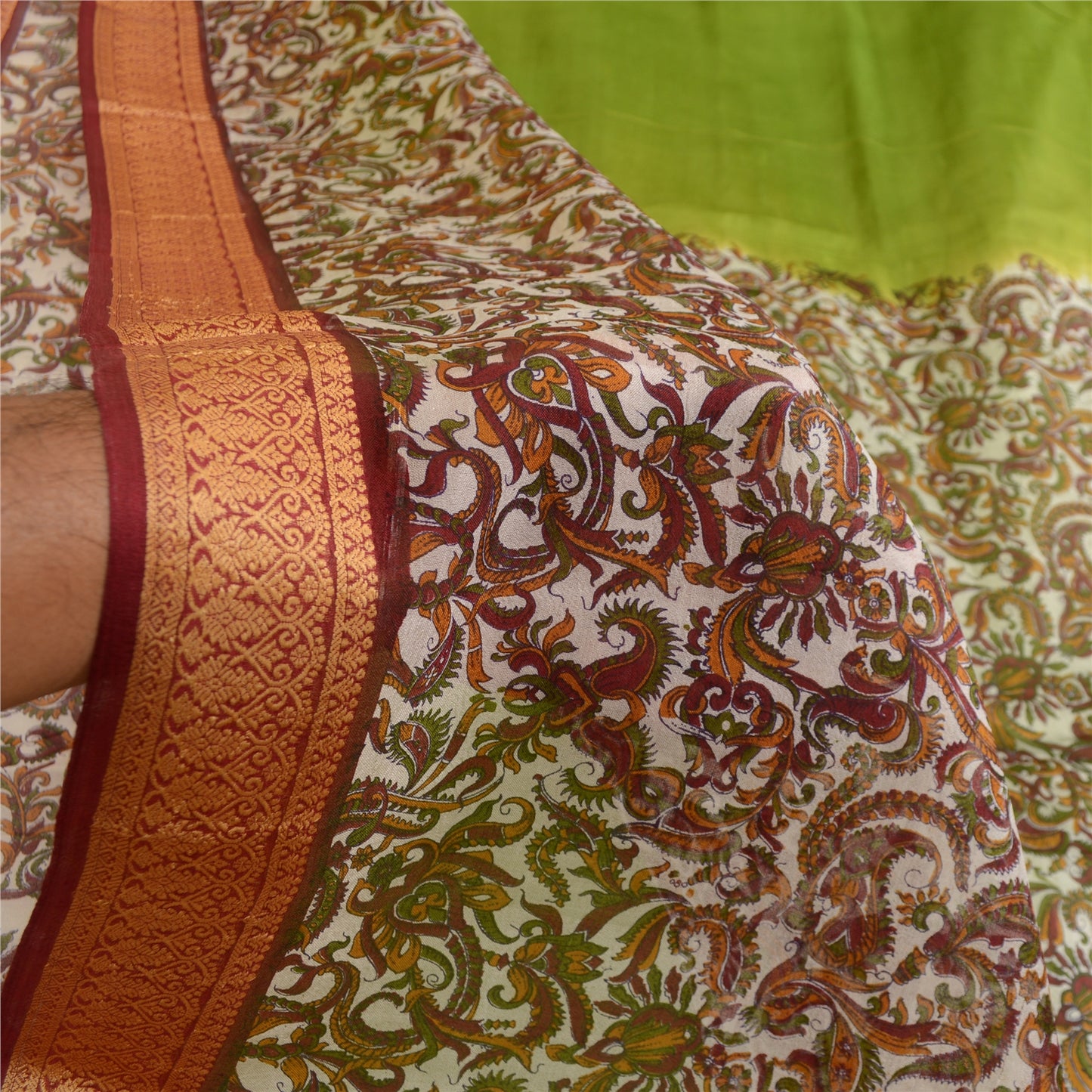 Sanskriti Vintage Sarees From India Green Printed Pure Silk Sari Craft Sustainable Fabric