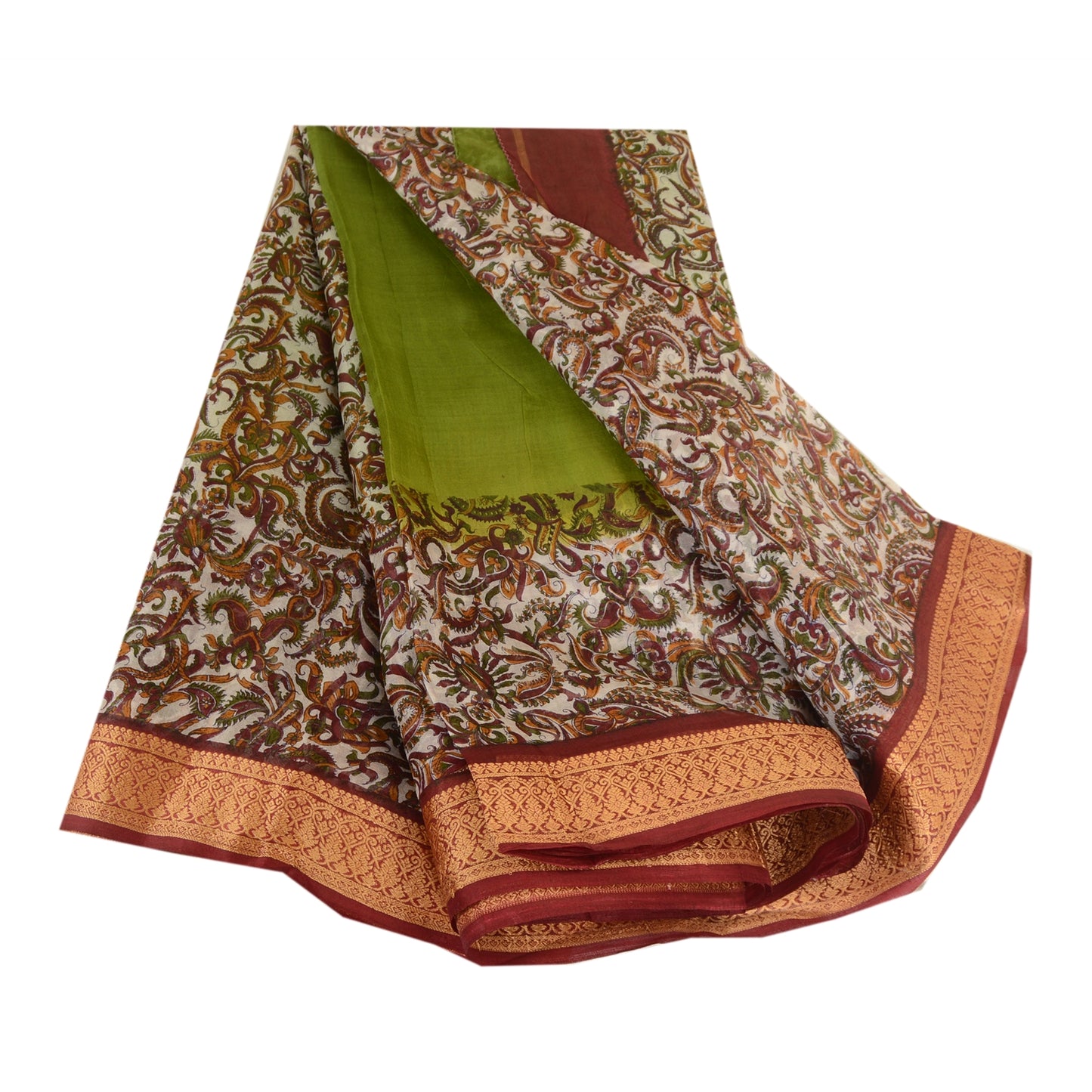 Sanskriti Vintage Sarees From India Green Printed Pure Silk Sari Craft Sustainable Fabric