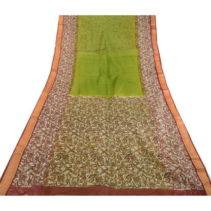 Sanskriti Vintage Sarees From India Green Printed Pure Silk Sari Craft Sustainable Fabric