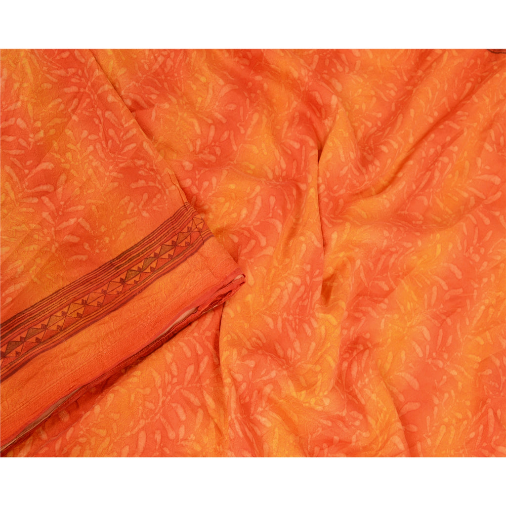 Sanskriti Vintage Sarees Orange From India Pure Silk Printed Sari Craft Sustainable Fabric