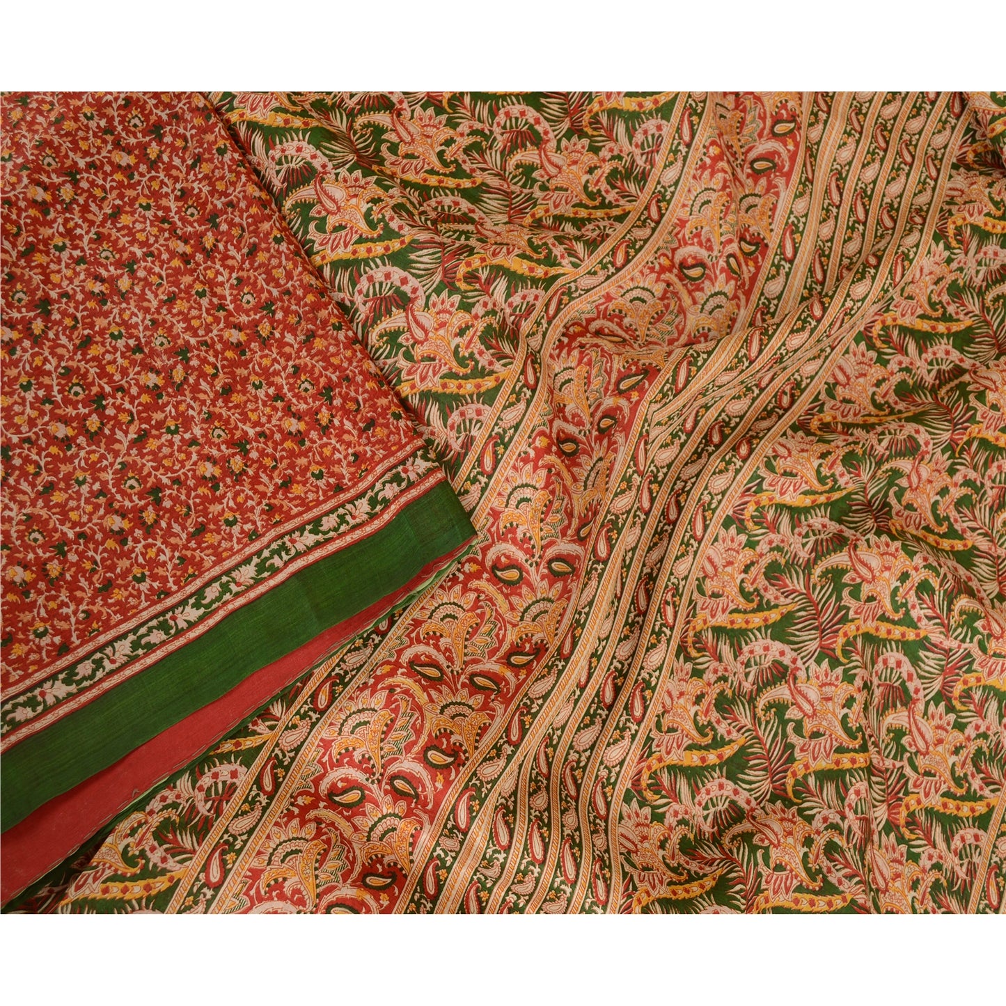 Sanskriti Vintage Sarees Red Indian Printed Pure Silk Sari 5yd Soft Craft Sustainable Fabric