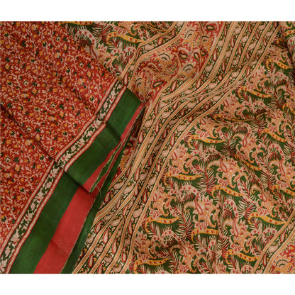 Sanskriti Vintage Sarees Red Indian Printed Pure Silk Sari 5yd Soft Craft Sustainable Fabric