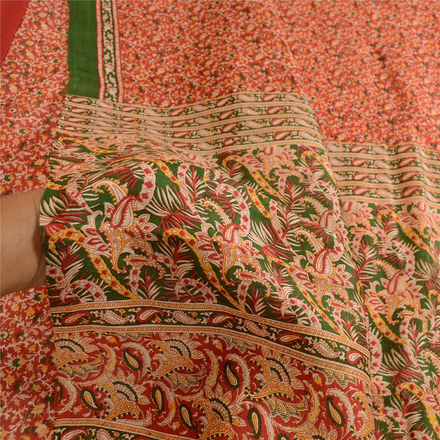 Sanskriti Vintage Sarees Red Indian Printed Pure Silk Sari 5yd Soft Craft Sustainable Fabric