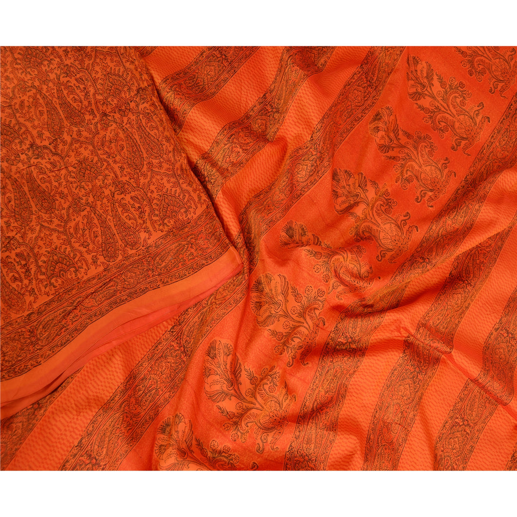 Sanskriti Vintage Sarees Saffron 100% Pure Silk Printed Sari 5yd Craft Fabric
