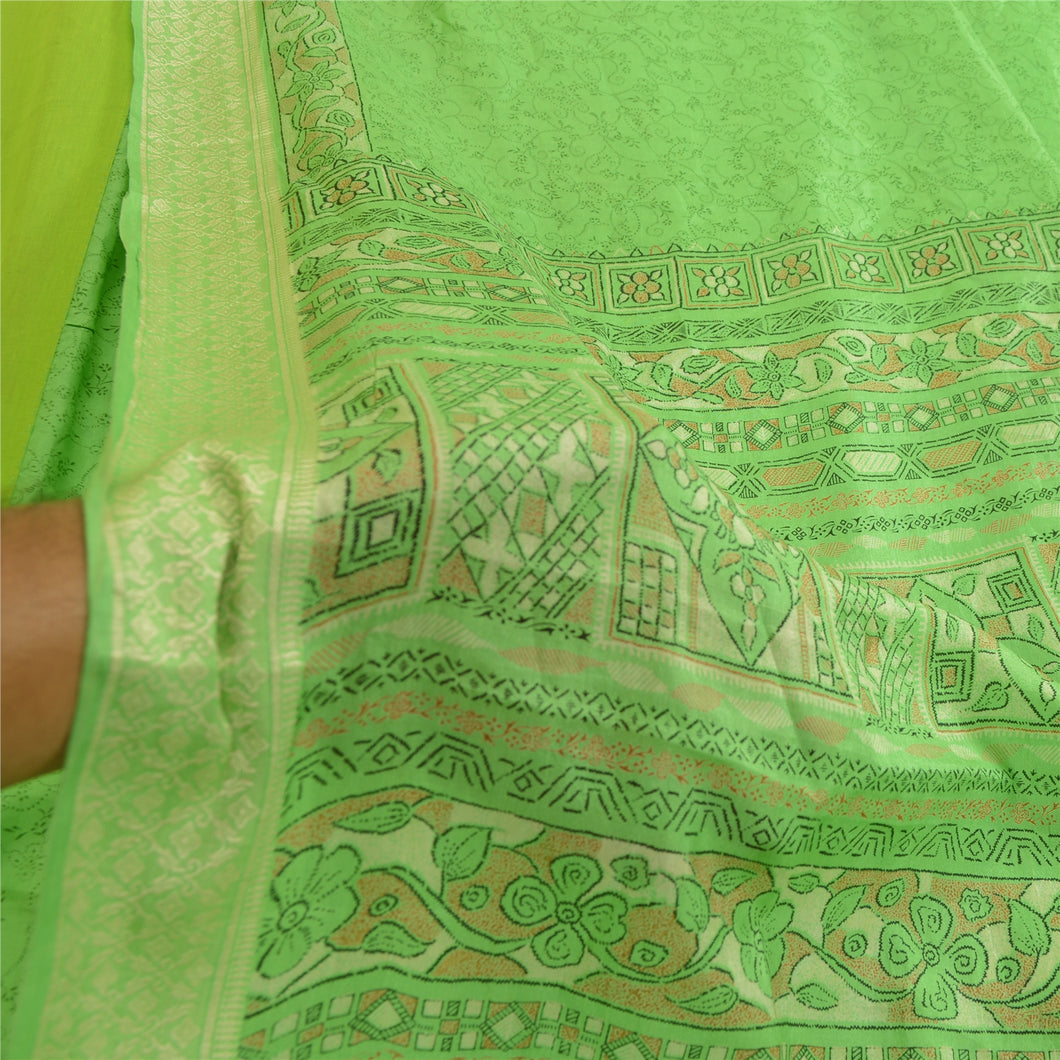 Sanskriti Vintage Sarees Green Printed Pure Silk Sari 5yd Floral Craft Fabric
