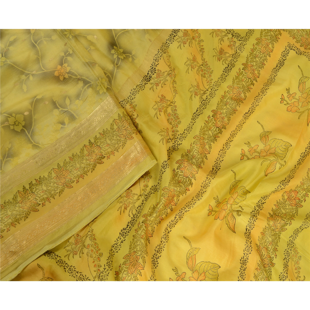 Sanskriti Vintage Sarees Yellow Zari Border Printed Pure Silk Sari Craft Fabric
