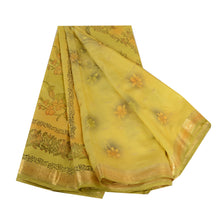 Load image into Gallery viewer, Sanskriti Vintage Sarees Yellow Zari Border Printed Pure Silk Sari Craft Fabric
