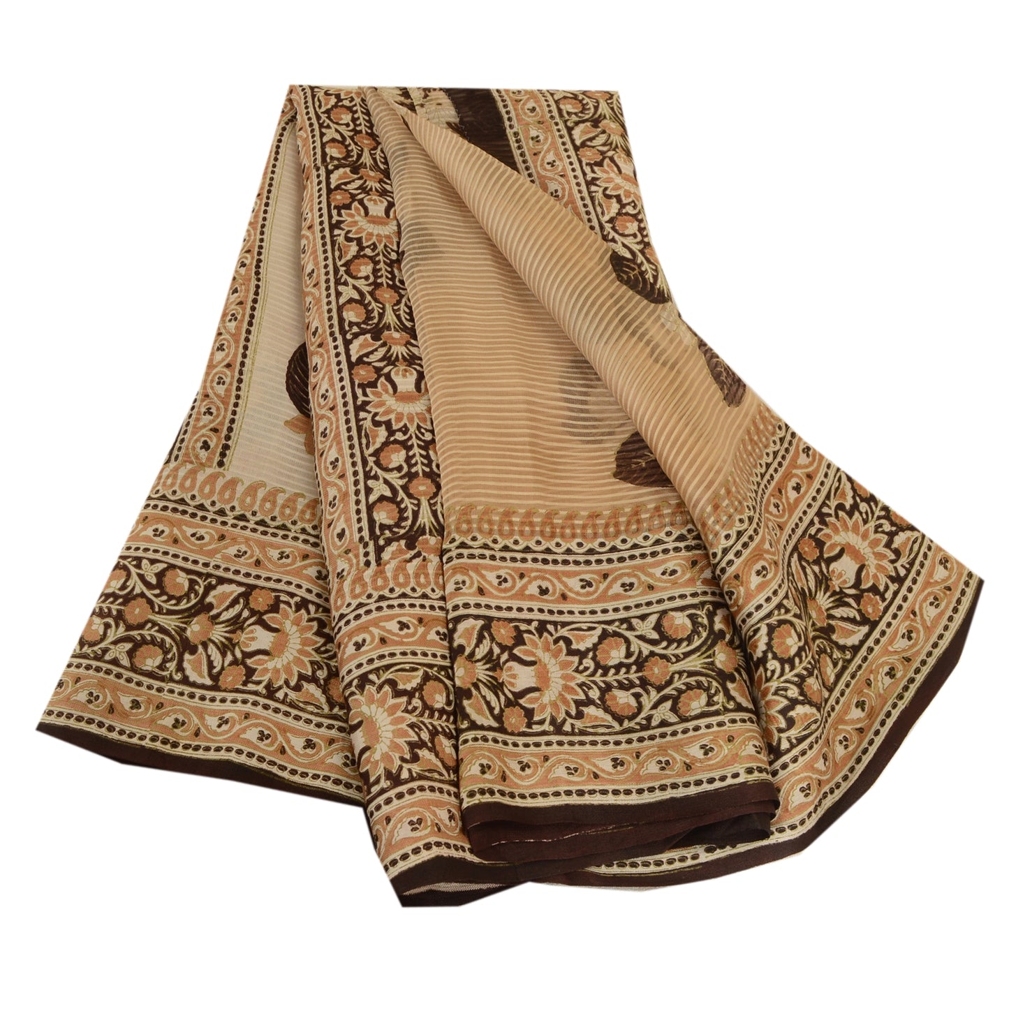 Sanskriti Vintage Sarees Brown From India Printed Pure Silk Sari Craft Sustainable Fabric