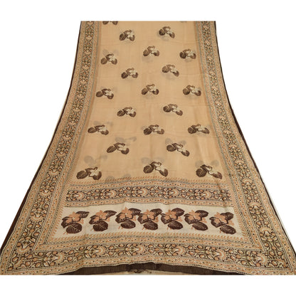 Sanskriti Vintage Sarees Brown From India Printed Pure Silk Sari Craft Sustainable Fabric
