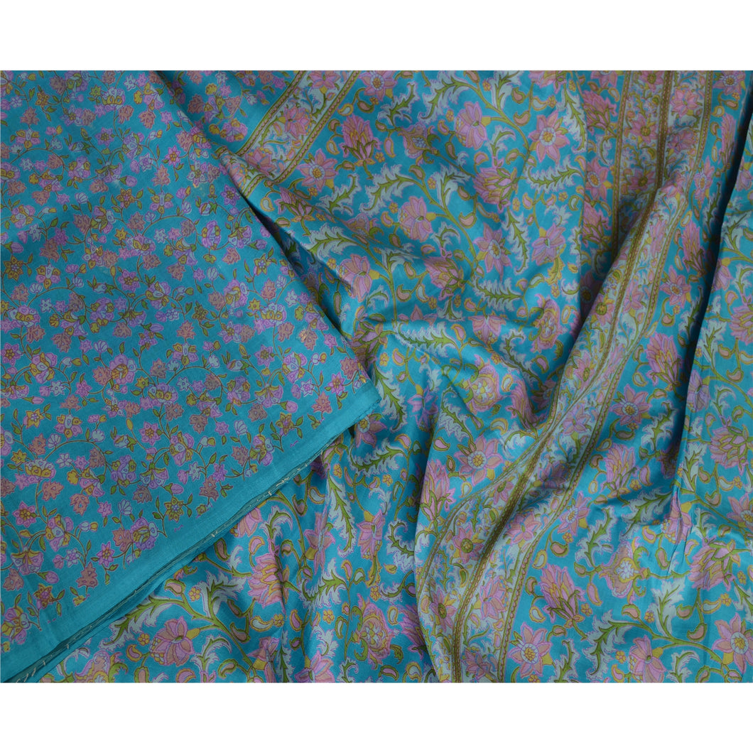 Sanskriti Vintage Sarees From India Blue Printed Pure Silk Sari 5yd Craft Fabric