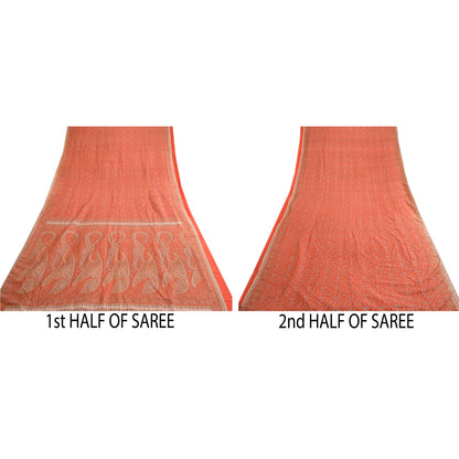 Sanskriti Vintage Sarees From India Red Printed Pure Silk Sari 5yd Craft Sustainable Fabric