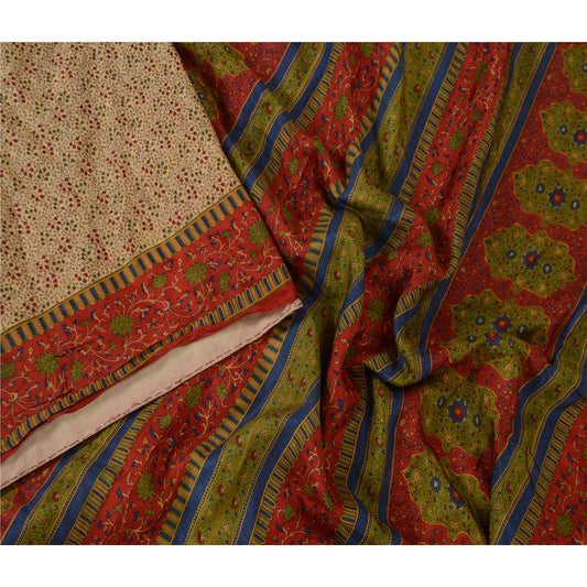 Санскритские винтажные сари из Индии бежевое с принтом чистого шелка сари из экологически чистой ткани