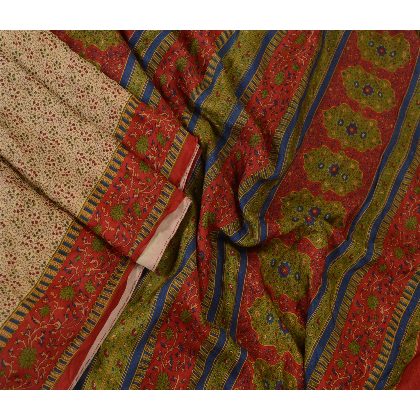 Санскритские винтажные сари из Индии бежевое с принтом чистого шелка сари из экологически чистой ткани