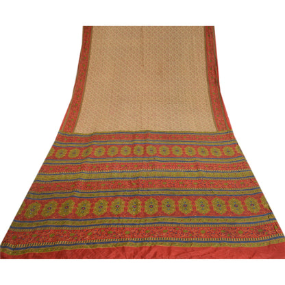 Санскритские винтажные сари из Индии бежевое с принтом чистого шелка сари из экологически чистой ткани