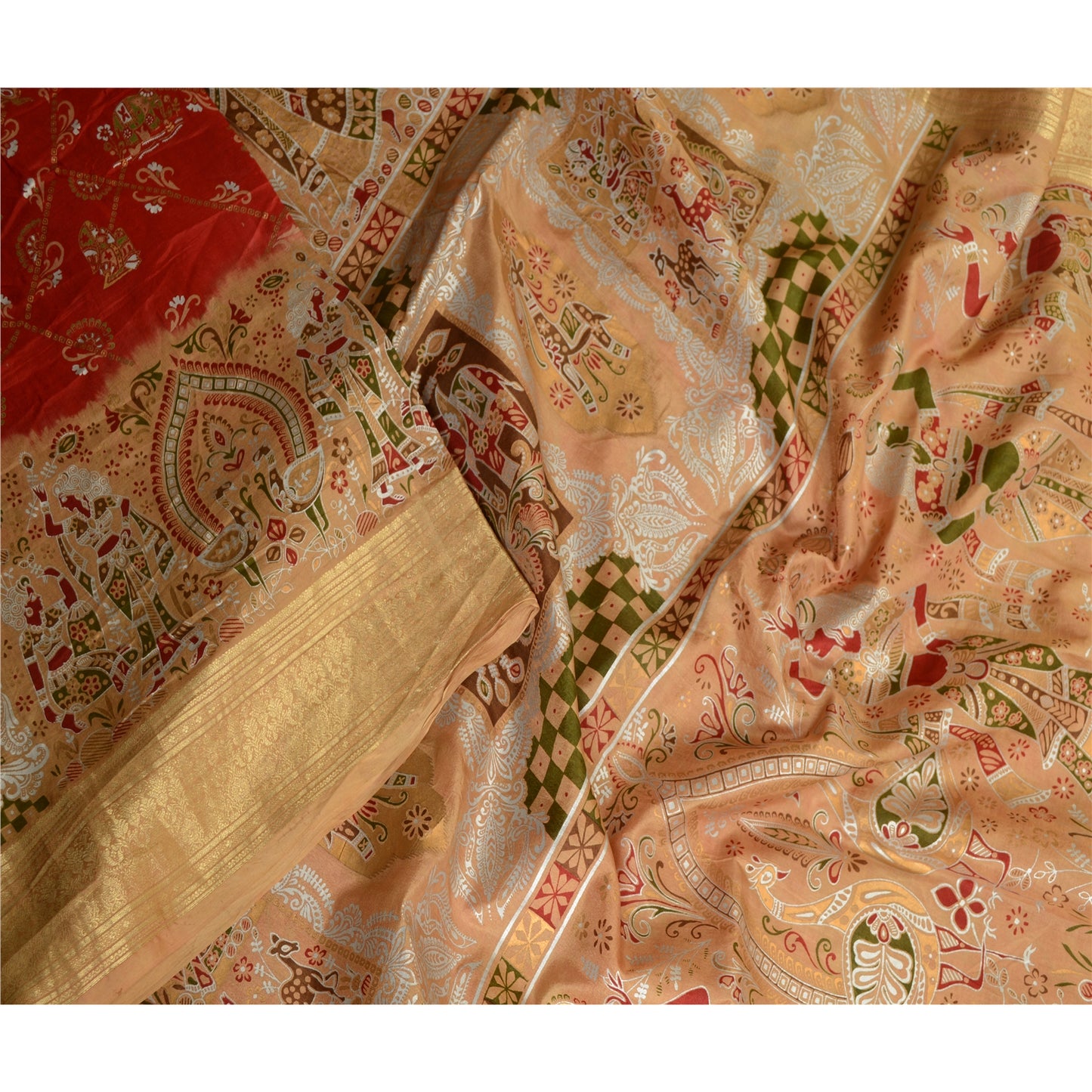 Sanskriti Vintage Sarees Red Women Print Zari Border Pure Silk Sari Craft Sustainable Fabric