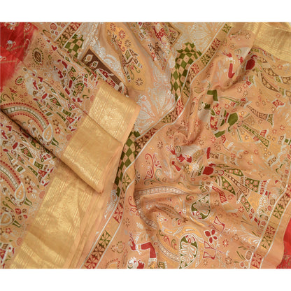 Sanskriti Vintage Sarees Red Women Print Zari Border Pure Silk Sari Craft Sustainable Fabric