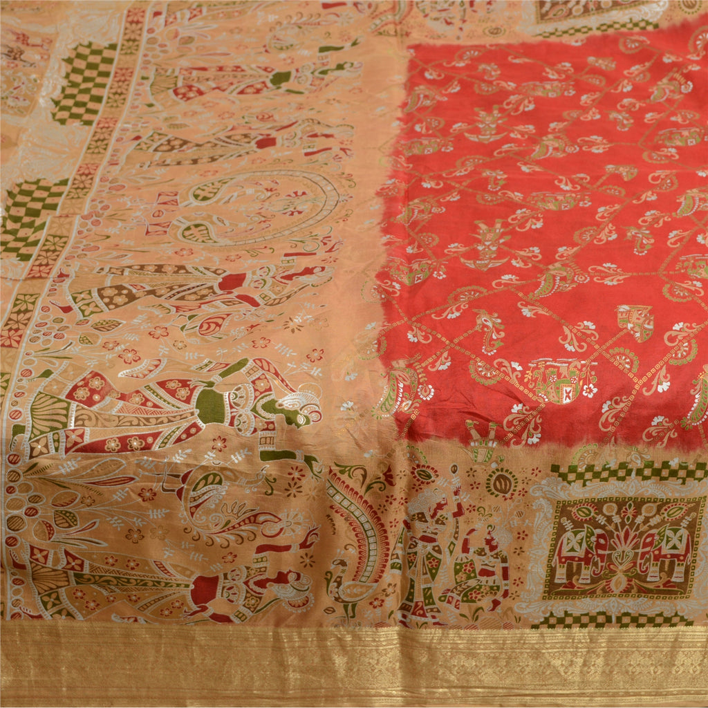 Sanskriti Vintage Sarees Red Women Print Zari Border Pure Silk Sari Craft Sustainable Fabric