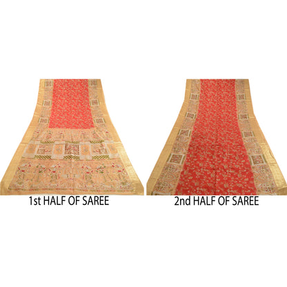 Sanskriti Vintage Sarees Red Women Print Zari Border Pure Silk Sari Craft Sustainable Fabric