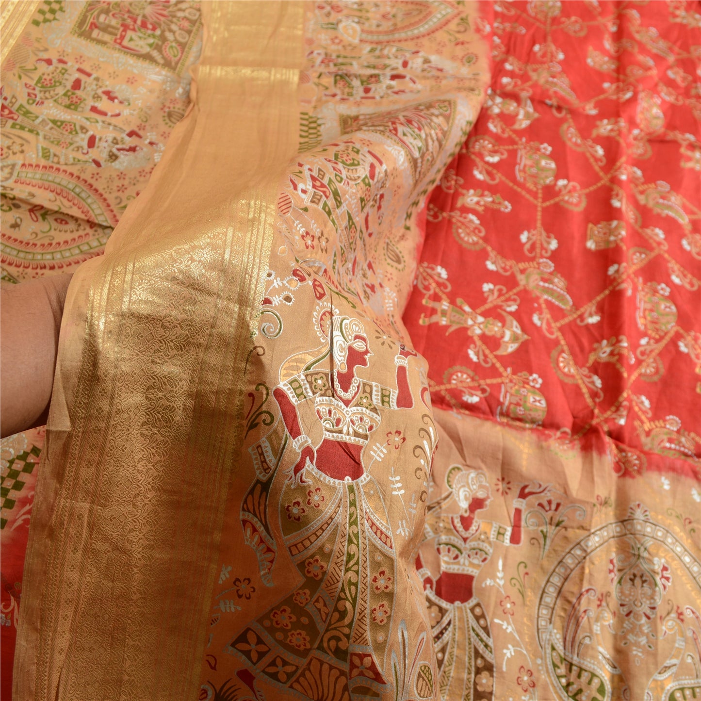 Sanskriti Vintage Sarees Red Women Print Zari Border Pure Silk Sari Craft Sustainable Fabric