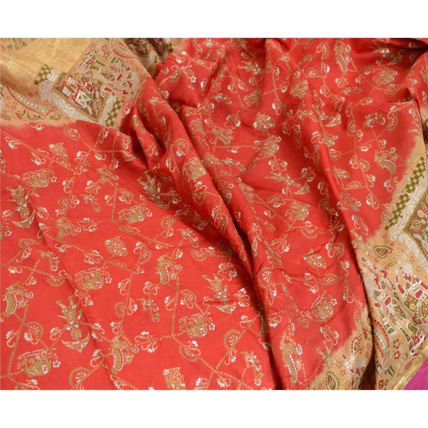 Sanskriti Vintage Sarees Red Women Print Zari Border Pure Silk Sari Craft Sustainable Fabric