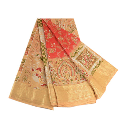 Sanskriti Vintage Sarees Red Women Print Zari Border Pure Silk Sari Craft Sustainable Fabric