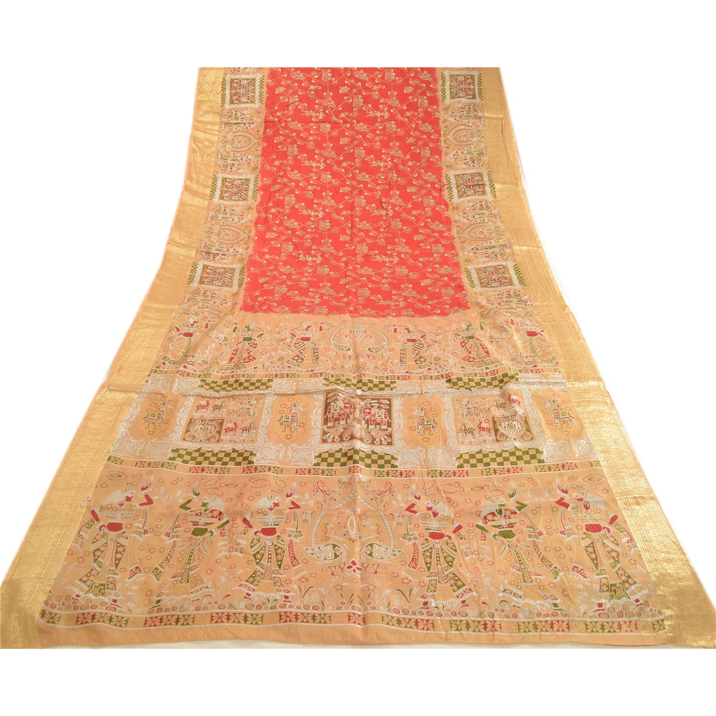 Sanskriti Vintage Sarees Red Women Print Zari Border Pure Silk Sari Craft Sustainable Fabric