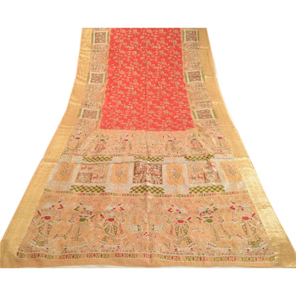 Sanskriti Vintage Sarees Red Women Print Zari Border Pure Silk Sari Craft Sustainable Fabric