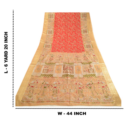 Sanskriti Vintage Sarees Red Women Print Zari Border Pure Silk Sari Craft Sustainable Fabric