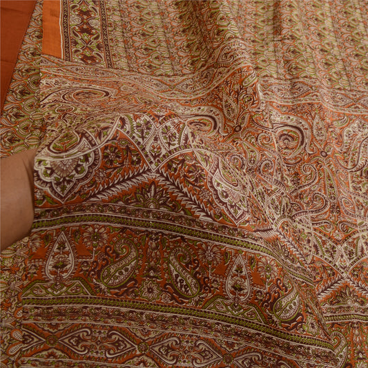 Sanskriti Vintage Sarees From India Orange Printed Pure Silk Sari Craft Sustainable Fabric