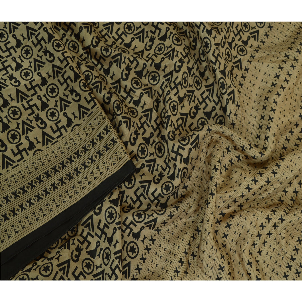 Sanskriti Vintage Sarees Beige Religious Symbols Printed Pure Silk Sari Fabric