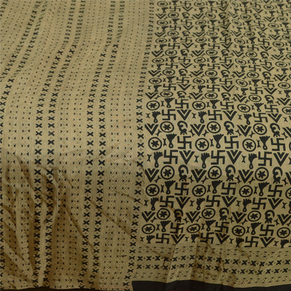 Sanskriti Vintage Sarees Beige Religiøse Symboler Trykt Ren Silke Sari Bæredygtigt Stof